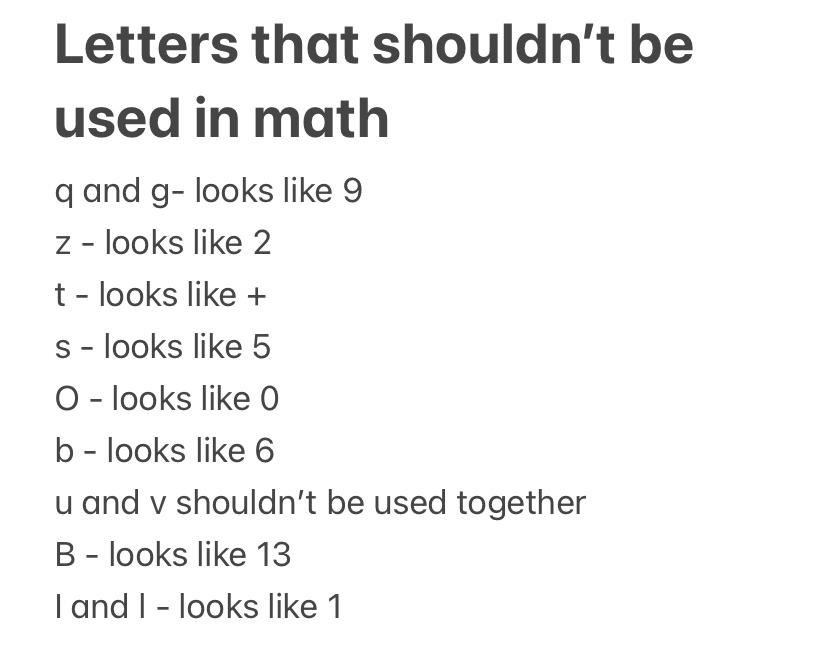 Letters That Shouldn't Be Used In Math