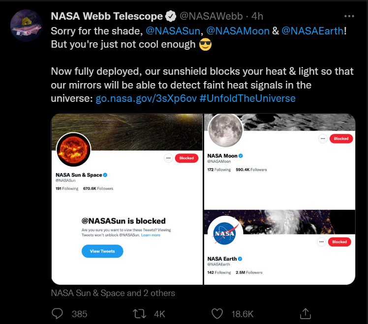 James Webb Telescope Blocks NASA Sun And Moon Accounts