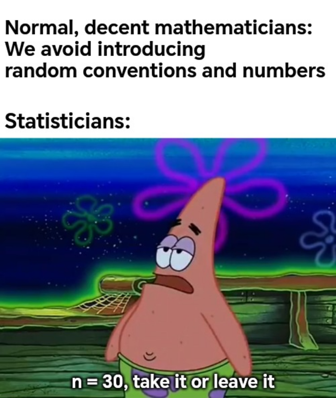 The Sacred Number 30: Statistics Vs. Pure Math